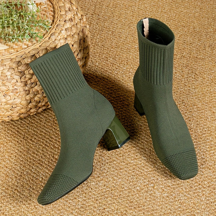 Women's Ankle Boots with Knit & Block Heel in Green