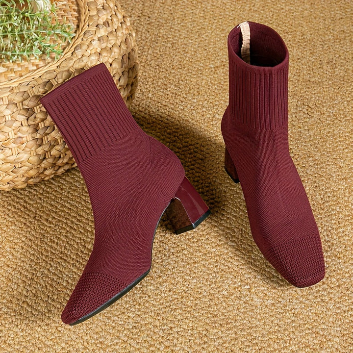 Women's Ankle Boots with Knit & Block Heel in Red