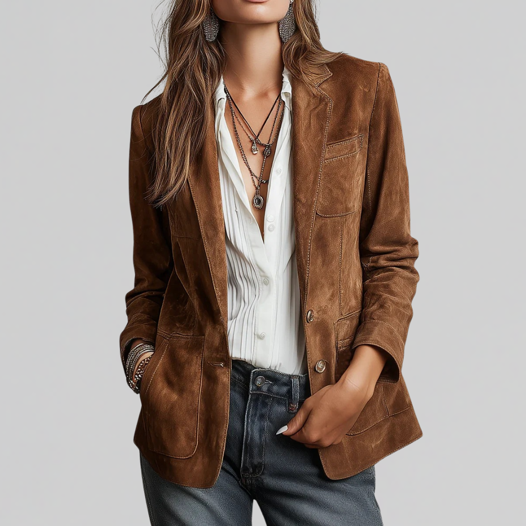 Women's Autumn Coat in Soft Suede-Touch in Cognac Brown