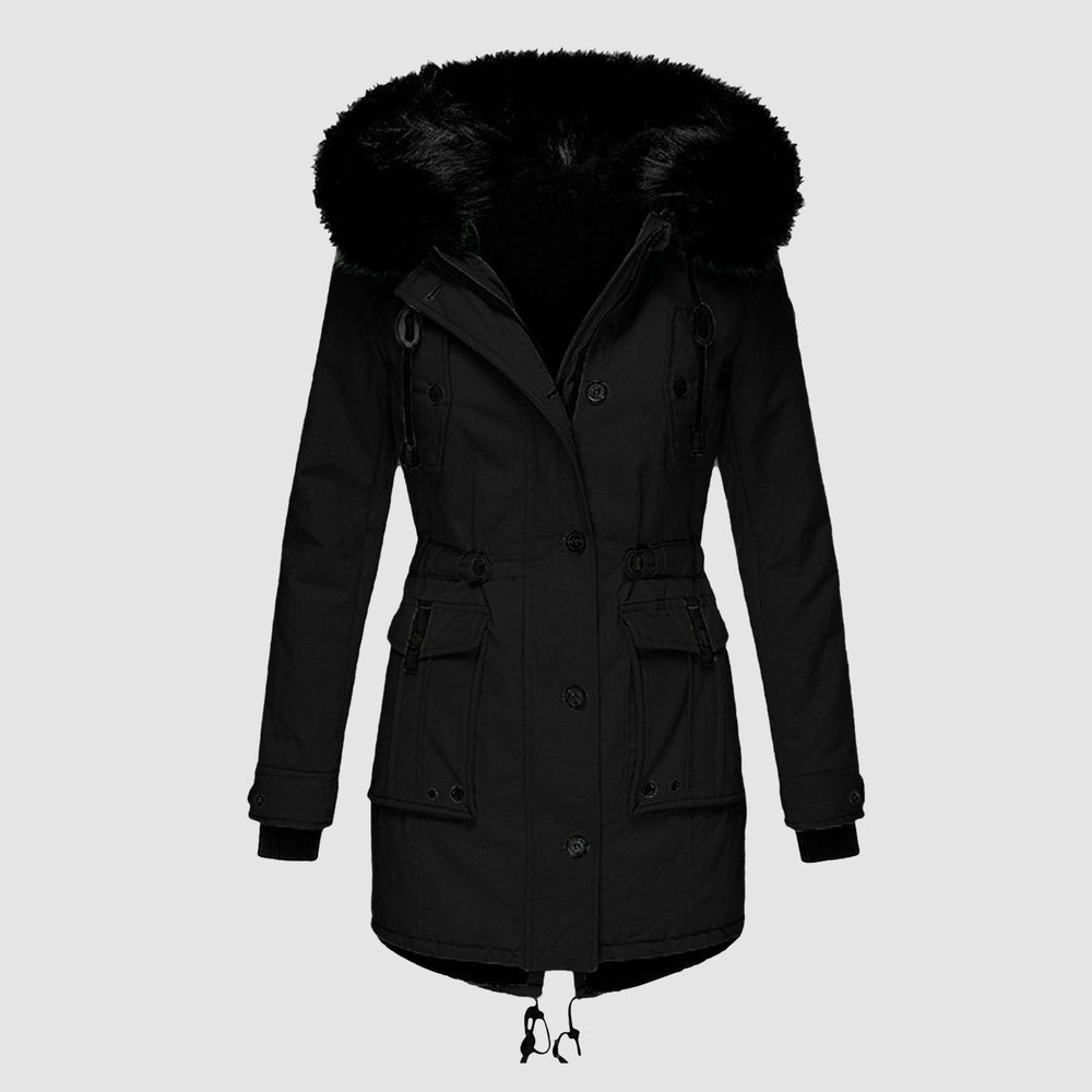 Women's Autumn Jacket with Faux Fur Hood in Black