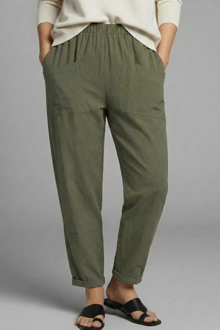 Women's Baggy Jeans Ankle Trousers with Pockets in Olive Green
