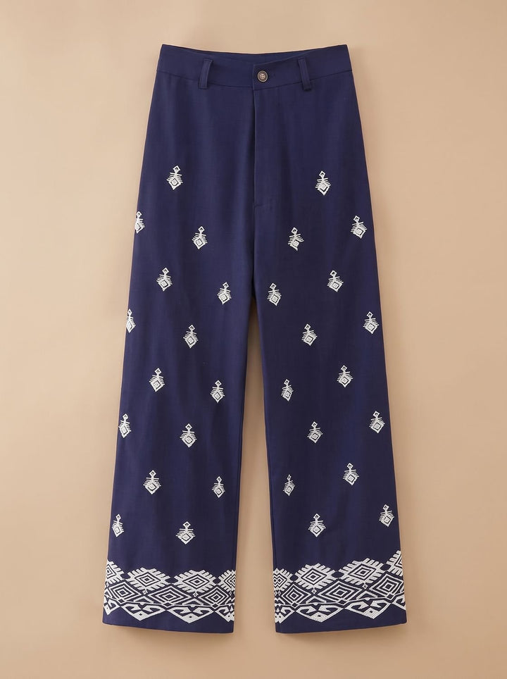 Women's Baggy Jeans-Style Embroidered High-Waist Trousers in Blue