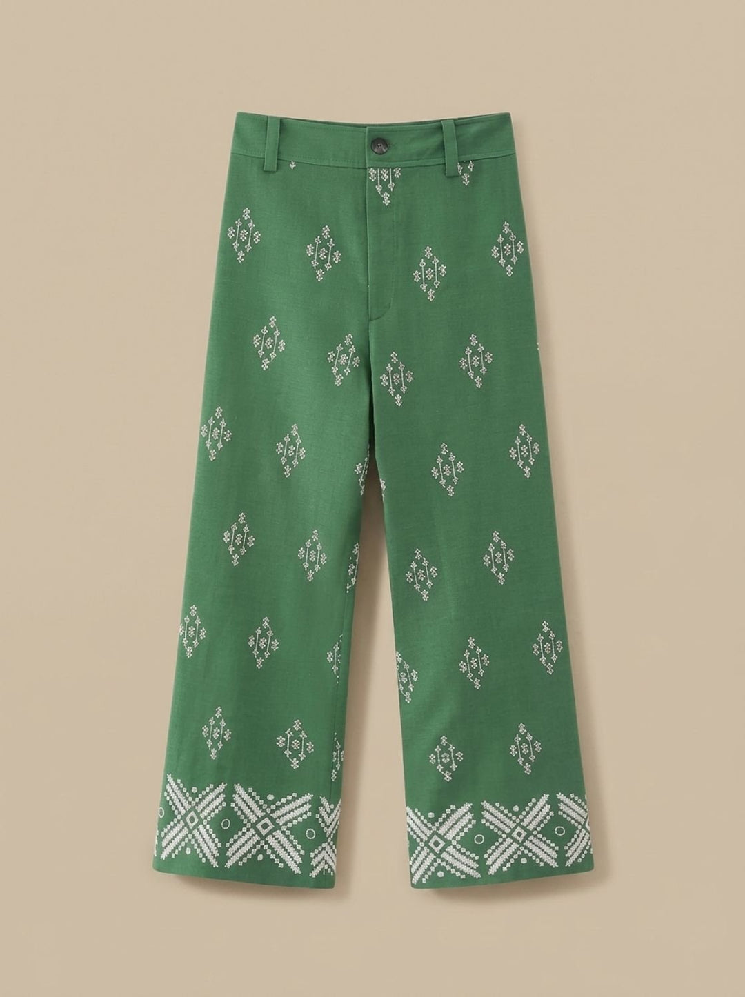 Women's Baggy Jeans-Style Embroidered High-Waist Trousers in Green