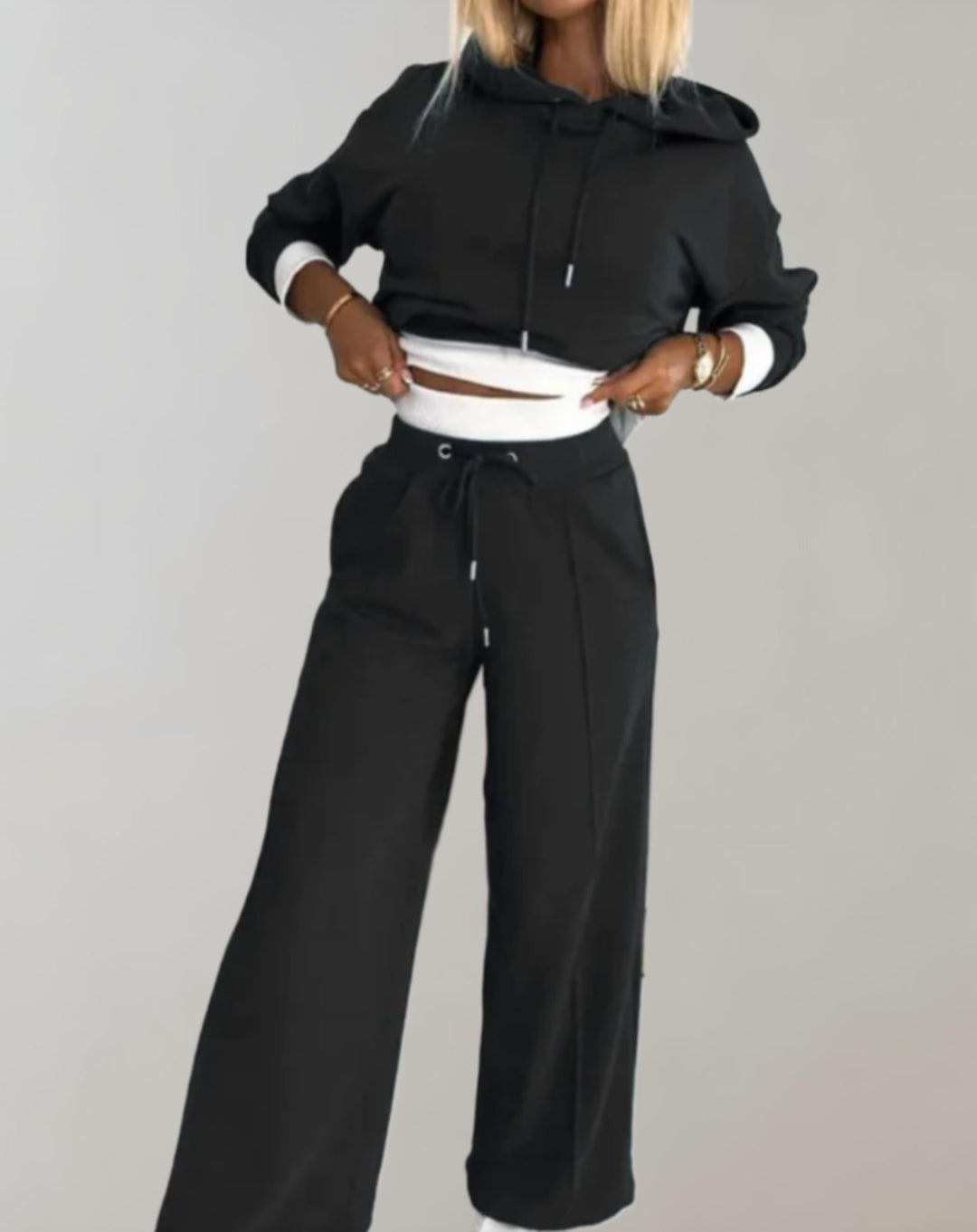 Women's Baggy Tracksuit Pants with Drawstring Hoodie in Black