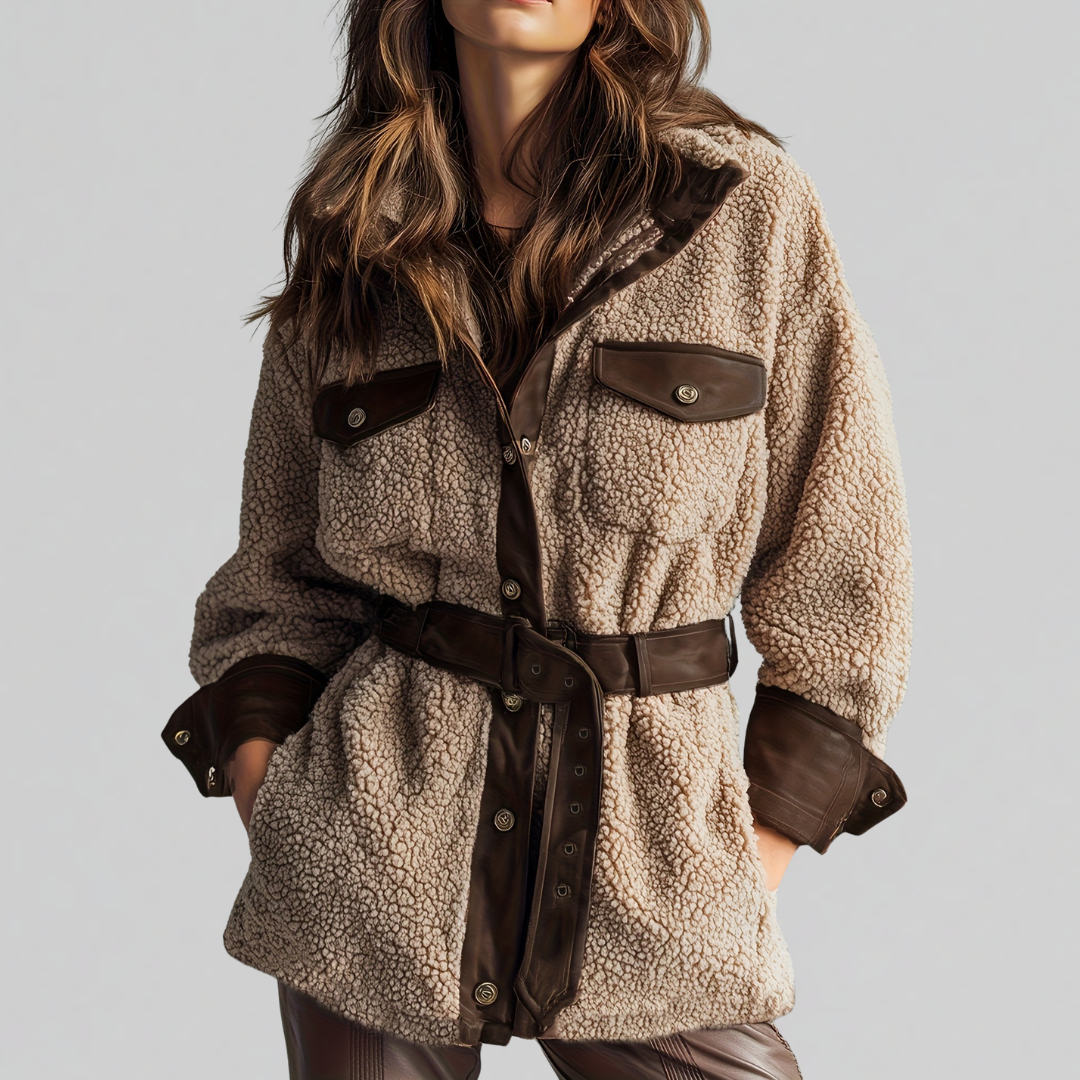 Women's Belted Teddy Jacket for Autumn in Brown