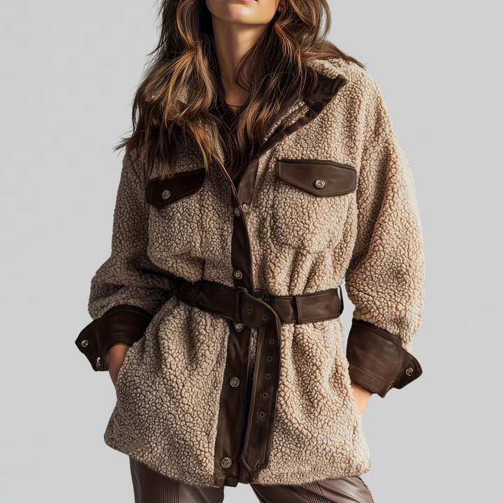 Women's Belted Teddy Jacket for Autumn in Brown