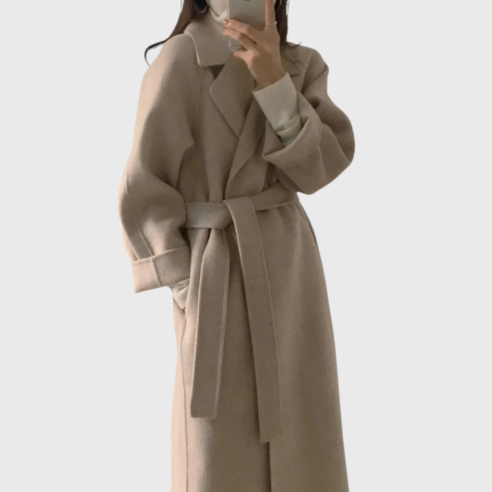 Women's Black Belted Coat for Autumn Layering in Apricot