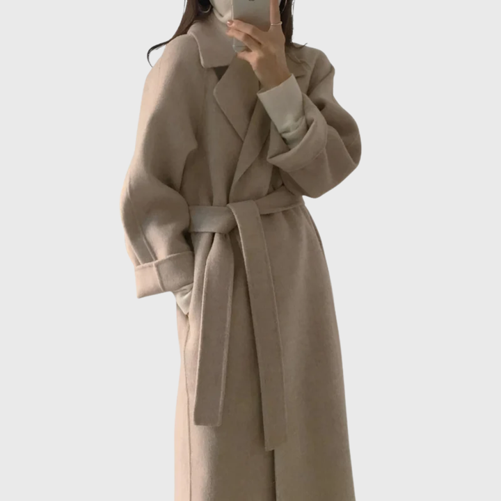 Women's Black Belted Coat for Autumn Layering in Apricot