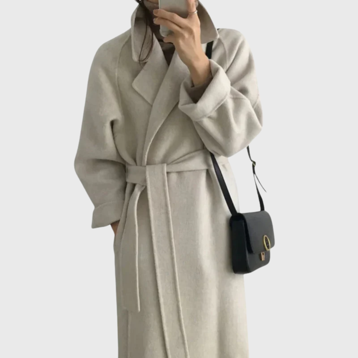 Women's Black Belted Coat for Autumn Layering in Beige