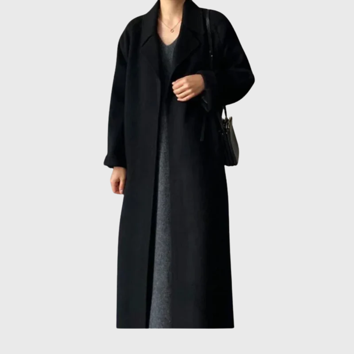 Women's Black Belted Coat for Autumn Layering in Black