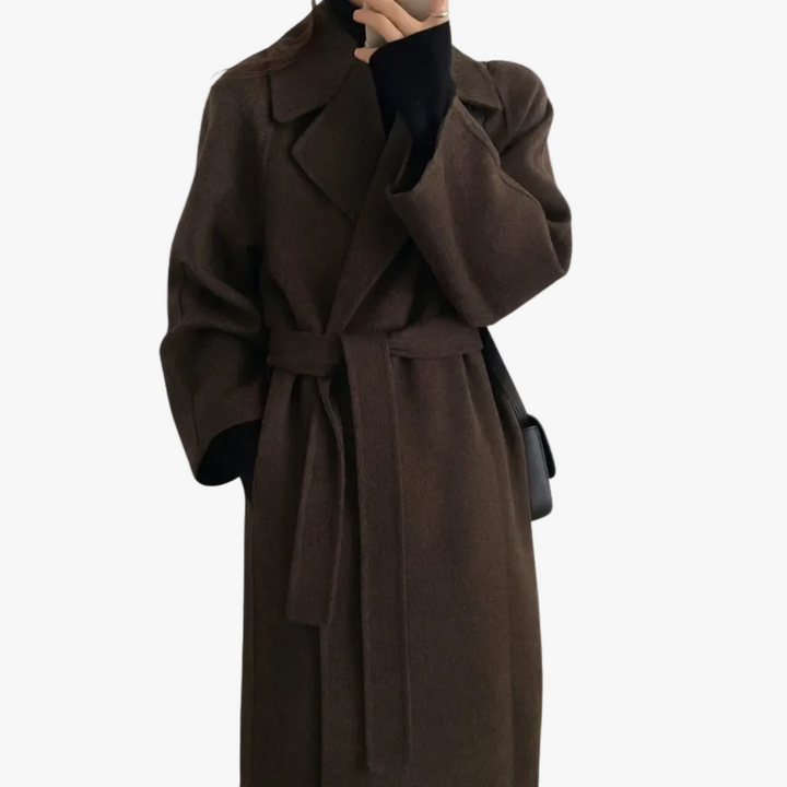 Women's Black Belted Coat for Autumn Layering in Brown