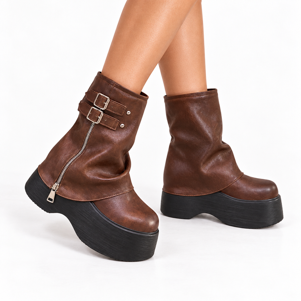 Women's Black Knee High Boots in Platform Style in Brown