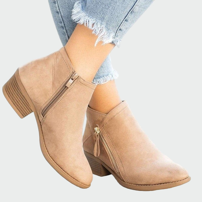 Women's Black Leather Ankle Boots for Winter in Beige