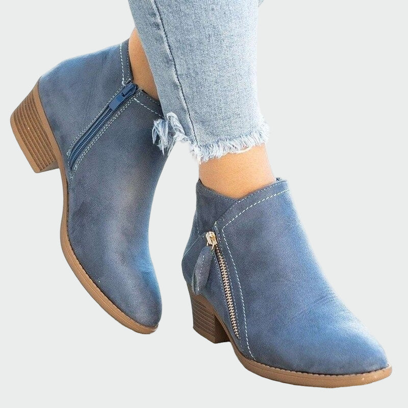 Women's Black Leather Ankle Boots for Winter in Blue