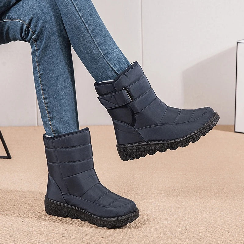 Women's Black Quilted Over the Knee Winter Boots in Dark Blue