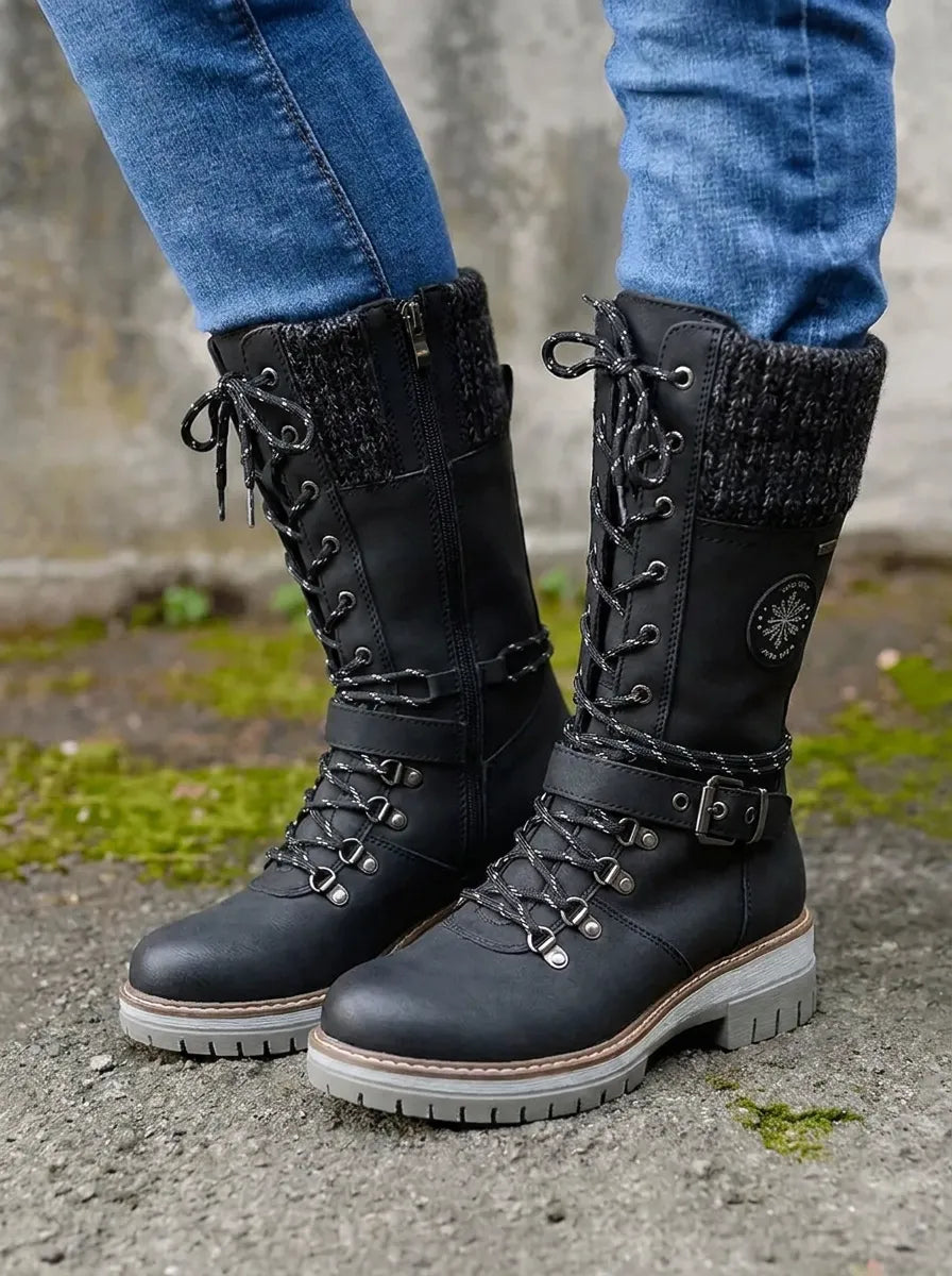 Women's Brown Boots Lace-Up Calf for Autumn in Black