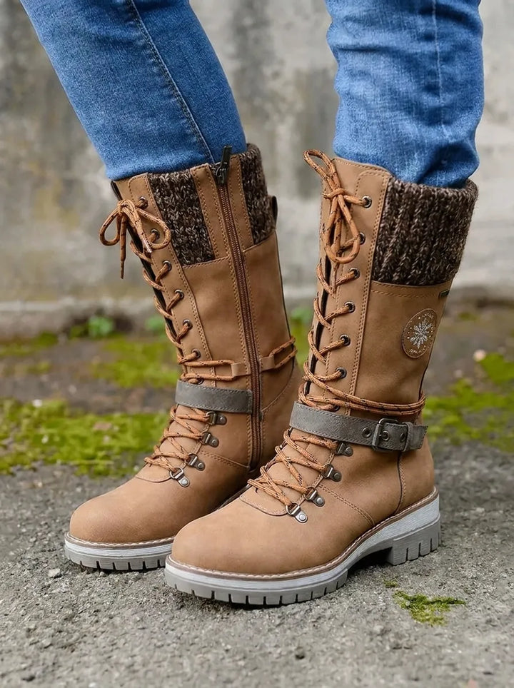 Women's Brown Boots Lace-Up Calf for Autumn in Brown