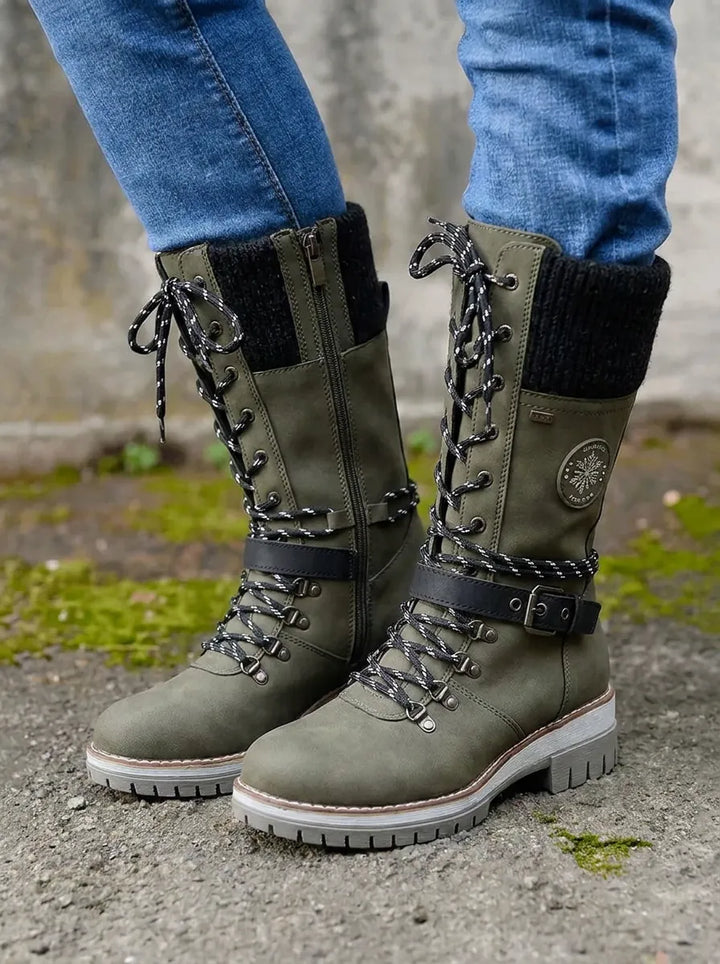 Women's Brown Boots Lace-Up Calf for Autumn in Green
