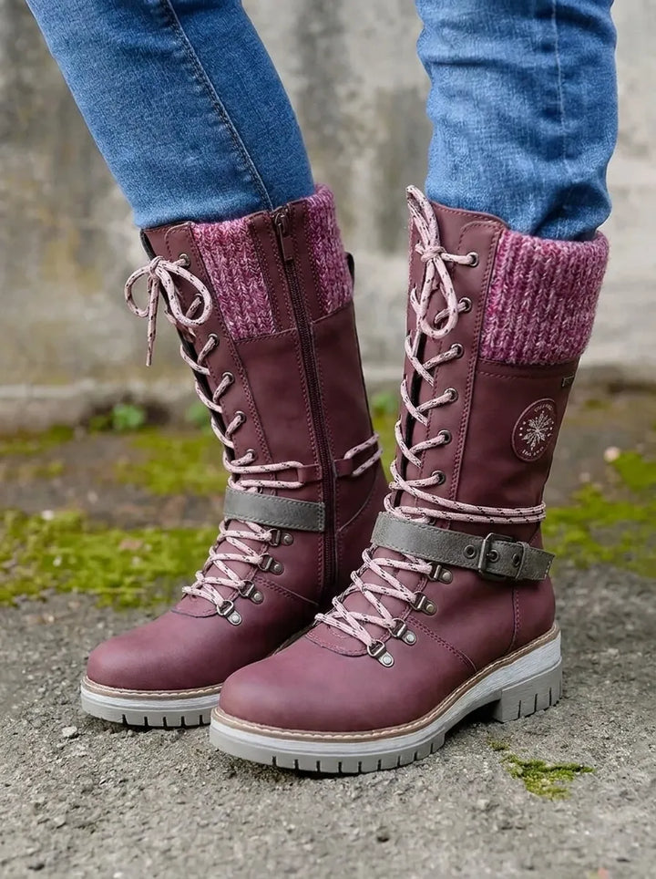 Women's Brown Boots Lace-Up Calf for Autumn in Purple