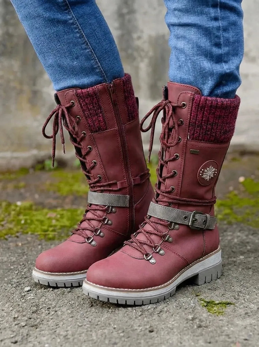 Women's Brown Boots Lace-Up Calf for Autumn in Red