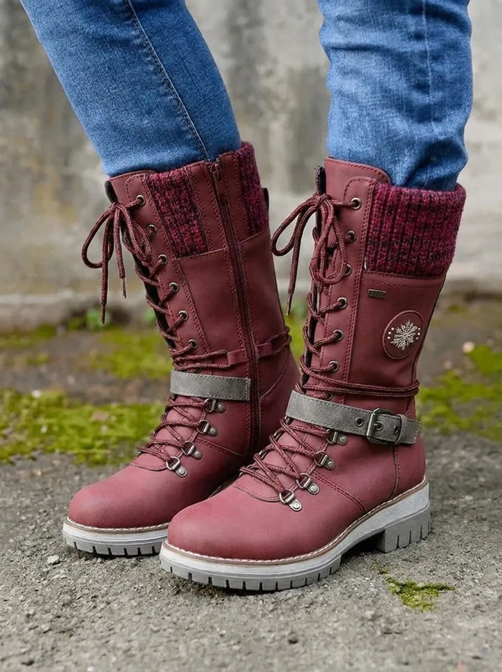 Women's Brown Boots Lace-Up Calf for Autumn in Red
