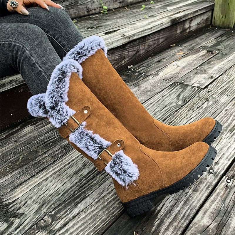 Women's Brown Boots Mid-Calf Plush Slip-On