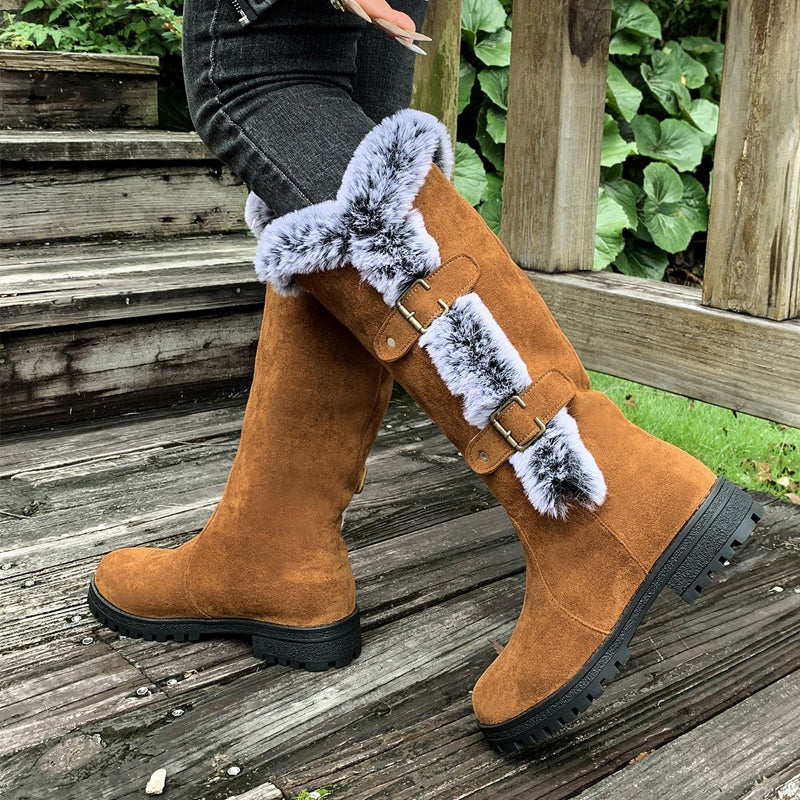 Women's Brown Boots Mid-Calf Plush Slip-On (5)