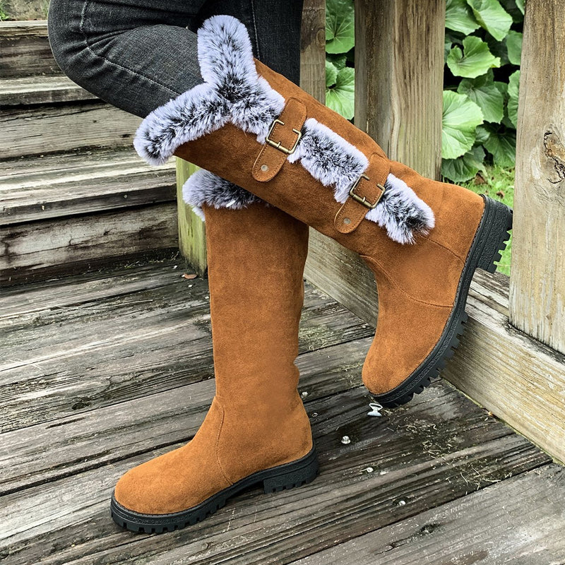 Women's Brown Boots Mid-Calf Plush Slip-On in Light Brown