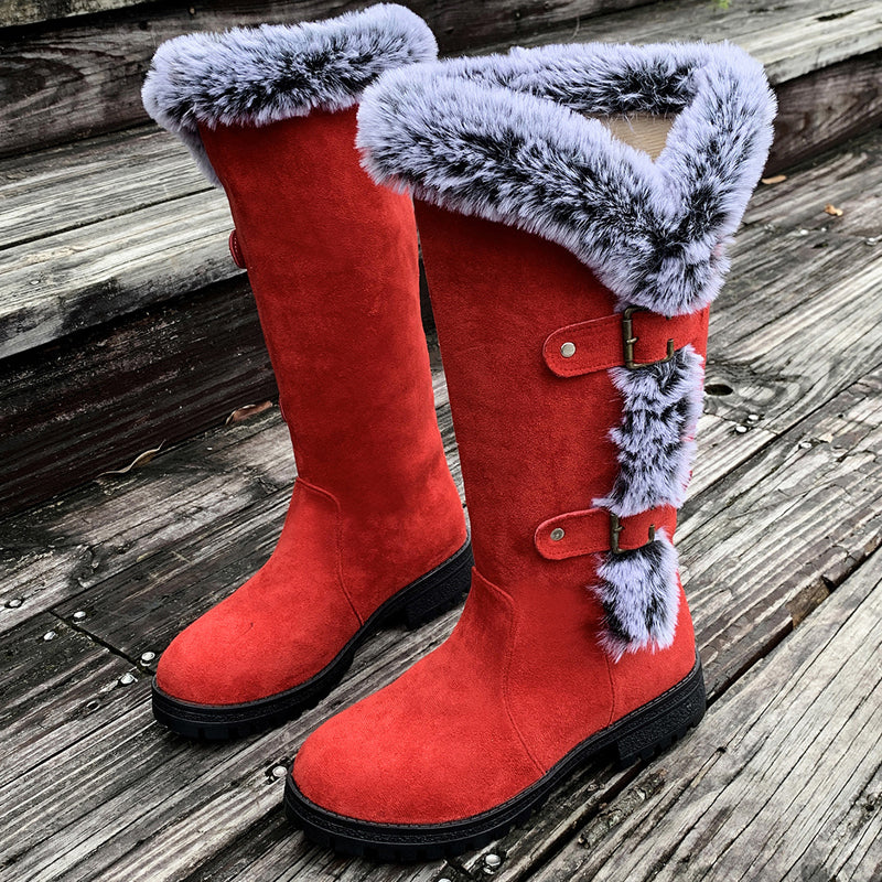 Women's Brown Boots Mid-Calf Plush Slip-On in Red