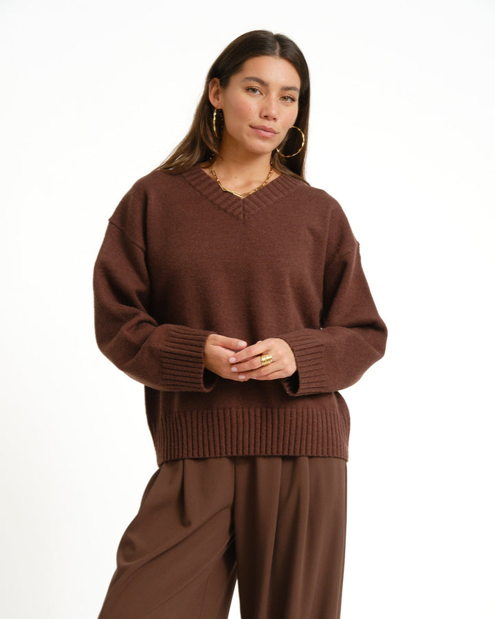 Women's Brown Jumper Dress with V-Neck for Autumn in Brown 1