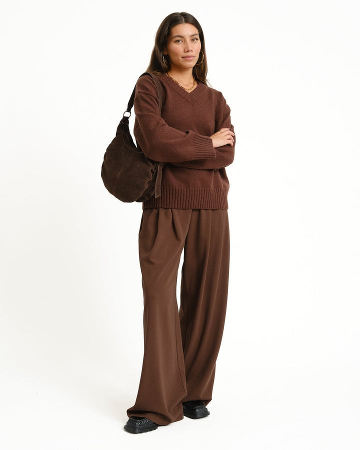 Women's Brown Jumper Dress with V-Neck for Autumn in Brown 3