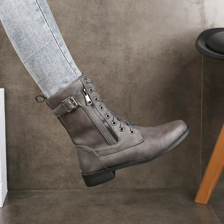 Women's brown leather lace-up ankle boots in Grey