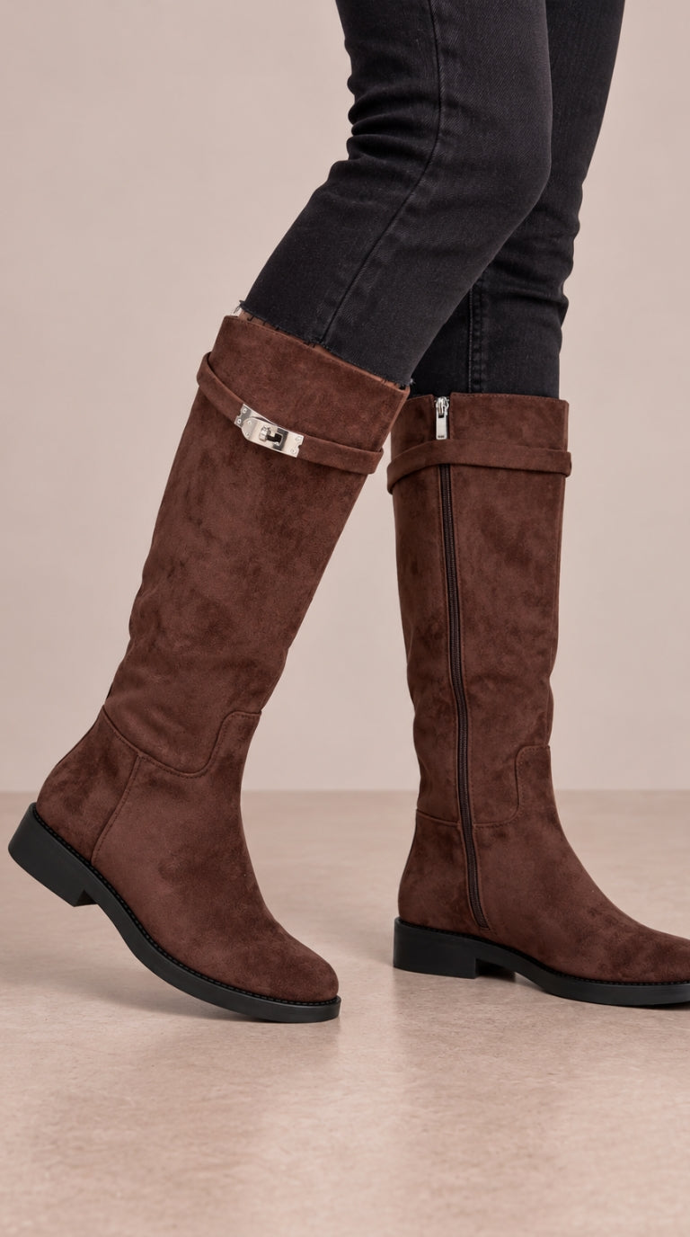 Women's Buckle Faux Suede Knee High Boots (2)