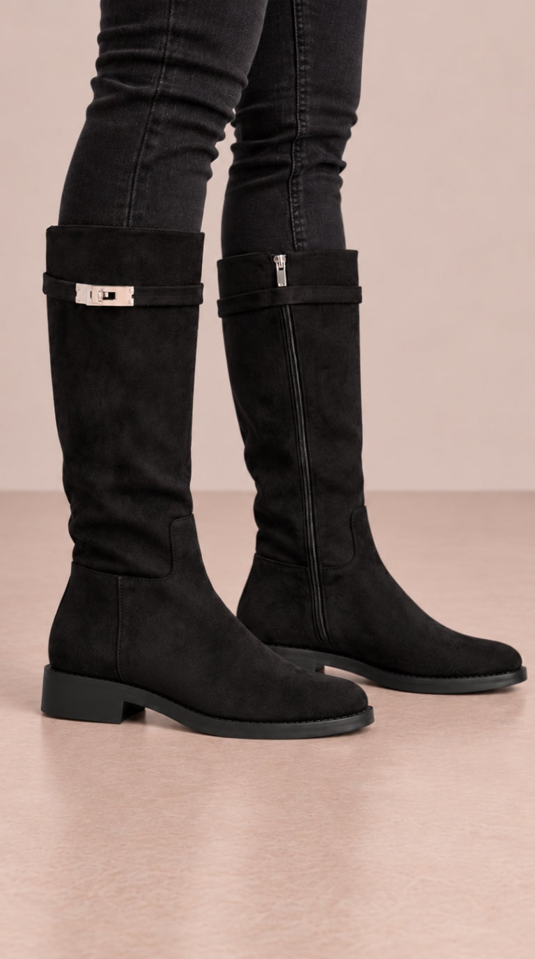 Women's Buckle Faux Suede Knee High Boots in Black