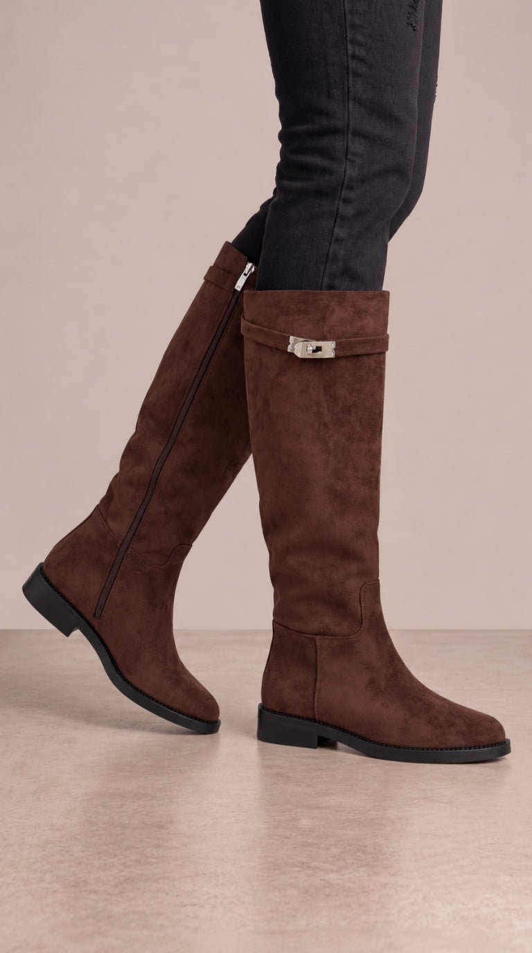 Women's Buckle Faux Suede Knee High Boots in Chocolate