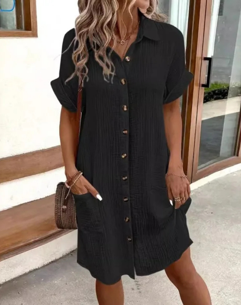 Women's Button-Down Blouse Dress for Everyday Wear in Black