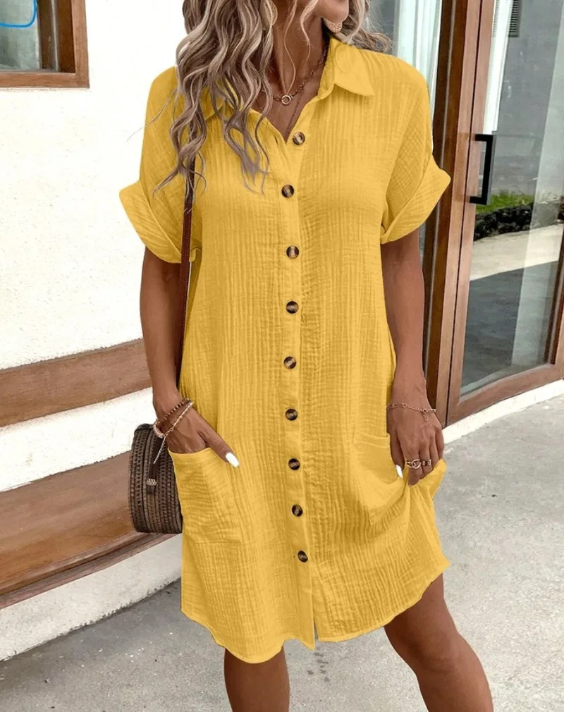 Women's Button-Down Blouse Dress for Everyday Wear in Yellow