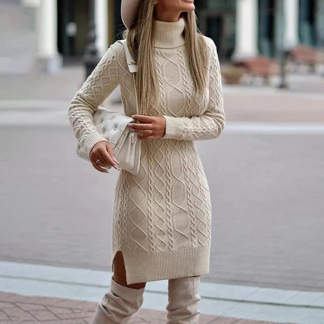 Women's Cable Knit Jumper Dress for Autumn in Beige
