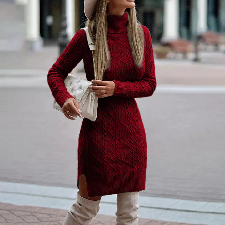 Women's Cable Knit Jumper Dress for Autumn in Burgund