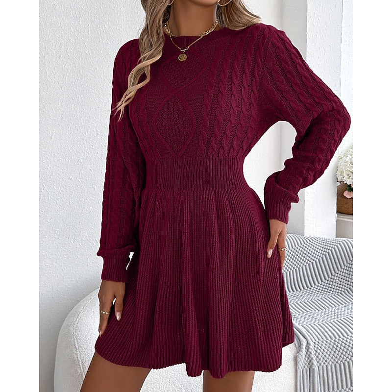 Women's Cable-Knit Midi Dress for Winter in Wine