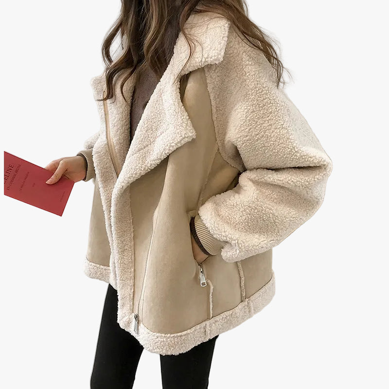 Women's Casual Shearling Coat for Autumn Layers in Beige