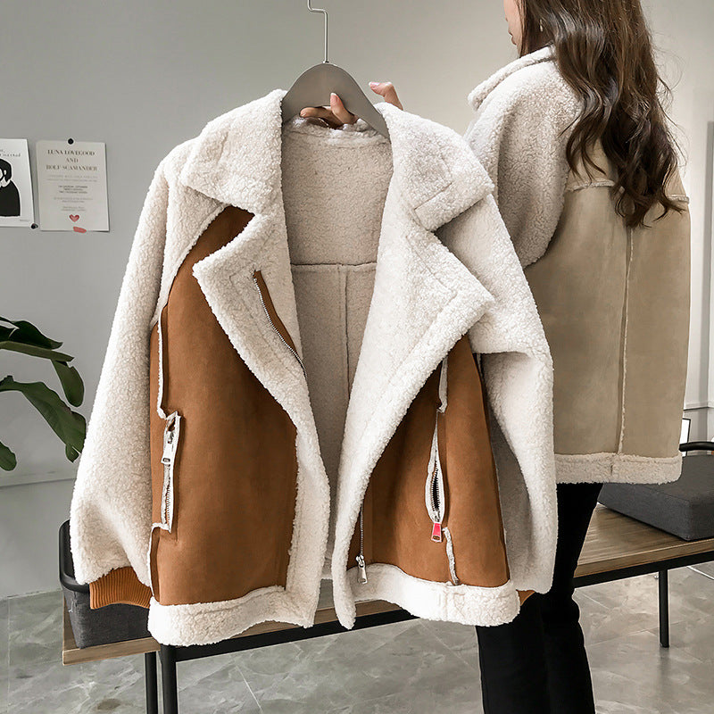 Women's Casual Shearling Coat for Autumn Layers in Brown