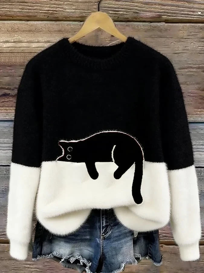 Women's Cat Motif Jumper Dress with Colourblock in Black