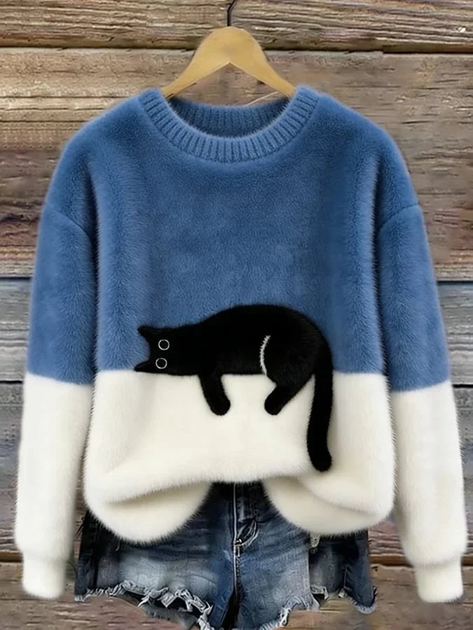 Women's Cat Motif Jumper Dress with Colourblock in Blue