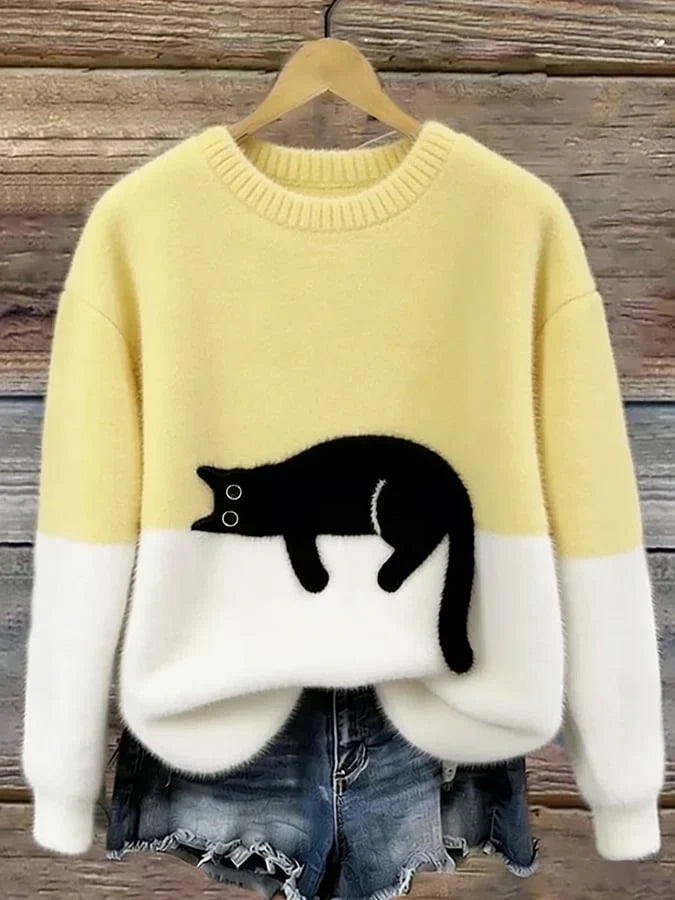 Women's Cat Motif Jumper Dress with Colourblock in Yellow