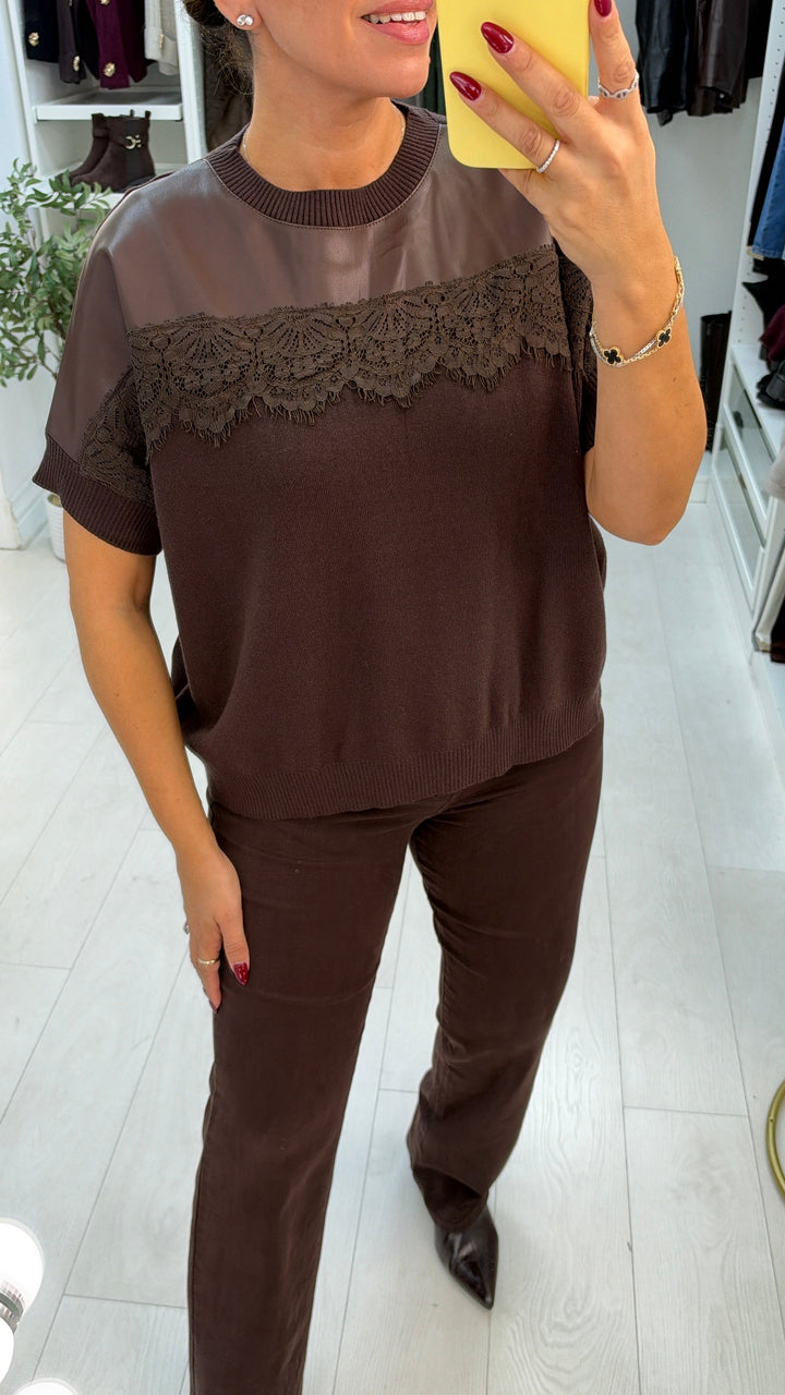 Women's Christmas Jumper Dress with Lace Details in Chocolate