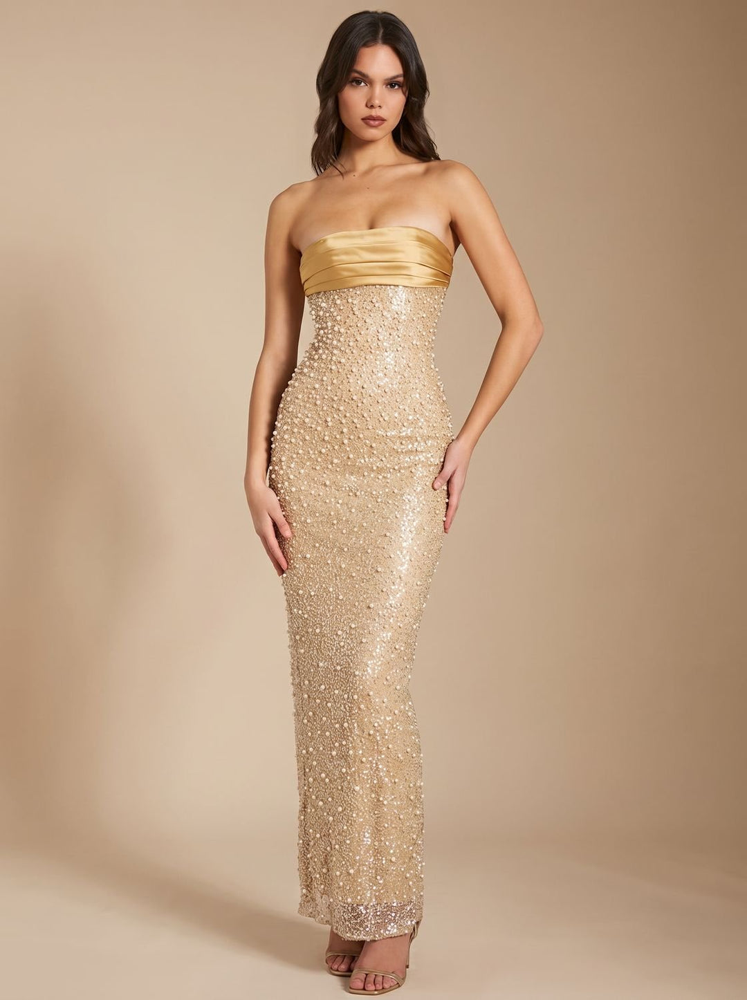 Women's Christmas Party Dress in Sequin Maxi in Gold-coloured 1