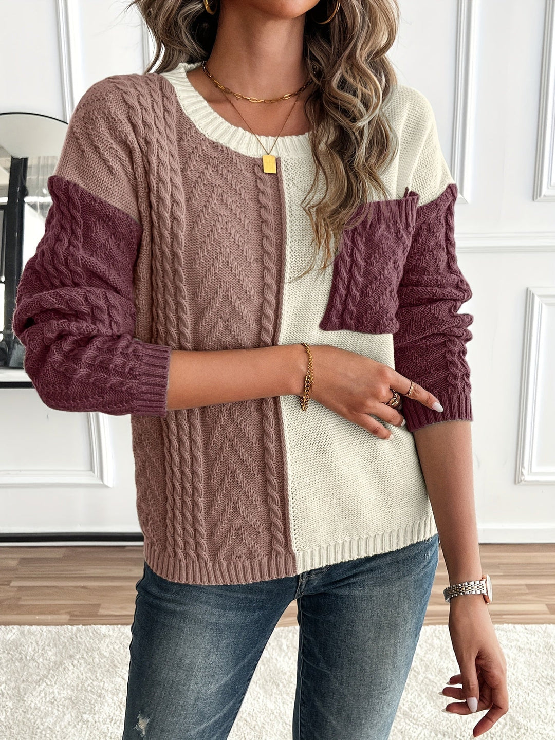 Women's Color-Block Cable-Knit Christmas Jumper (10)