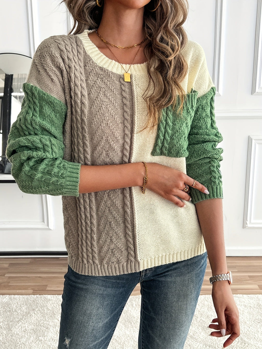 Women's Color-Block Cable-Knit Christmas Jumper (4)