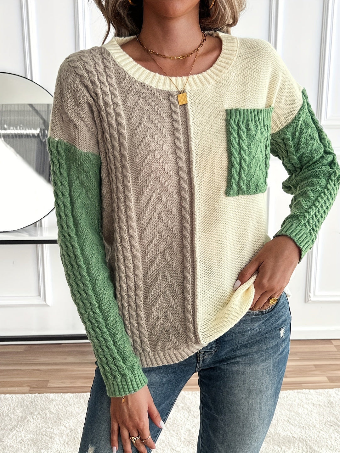 Women's Color-Block Cable-Knit Christmas Jumper (5)